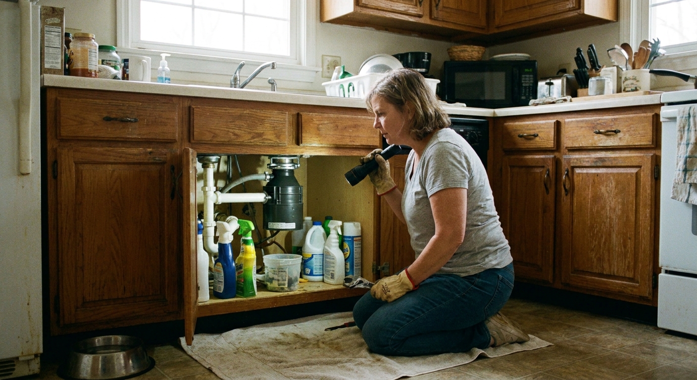 A real-life kitchen scene with an open under-sink cabinet showing a standard garbage disposal mounted to the sink drain, with a homeowner kneeling nearby preparing to troubleshoot, natural indoor lighting