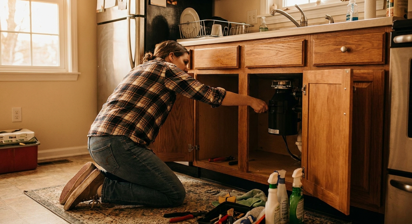 A real-life kitchen sink cabinet open with a person kneeling nearby, reaching toward a garbage disposal under the sink, warm indoor lighting, realistic home photo