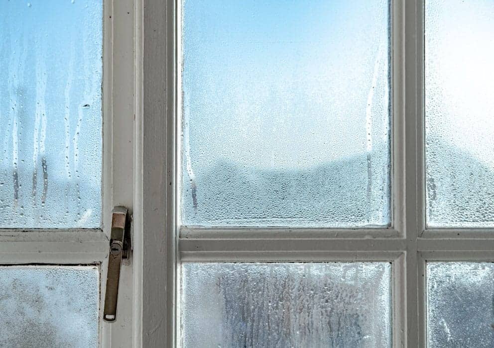 A real-life photo of a city apartment window on a cold morning with visible condensation beads on the glass and a slightly damp painted sill, soft natural light