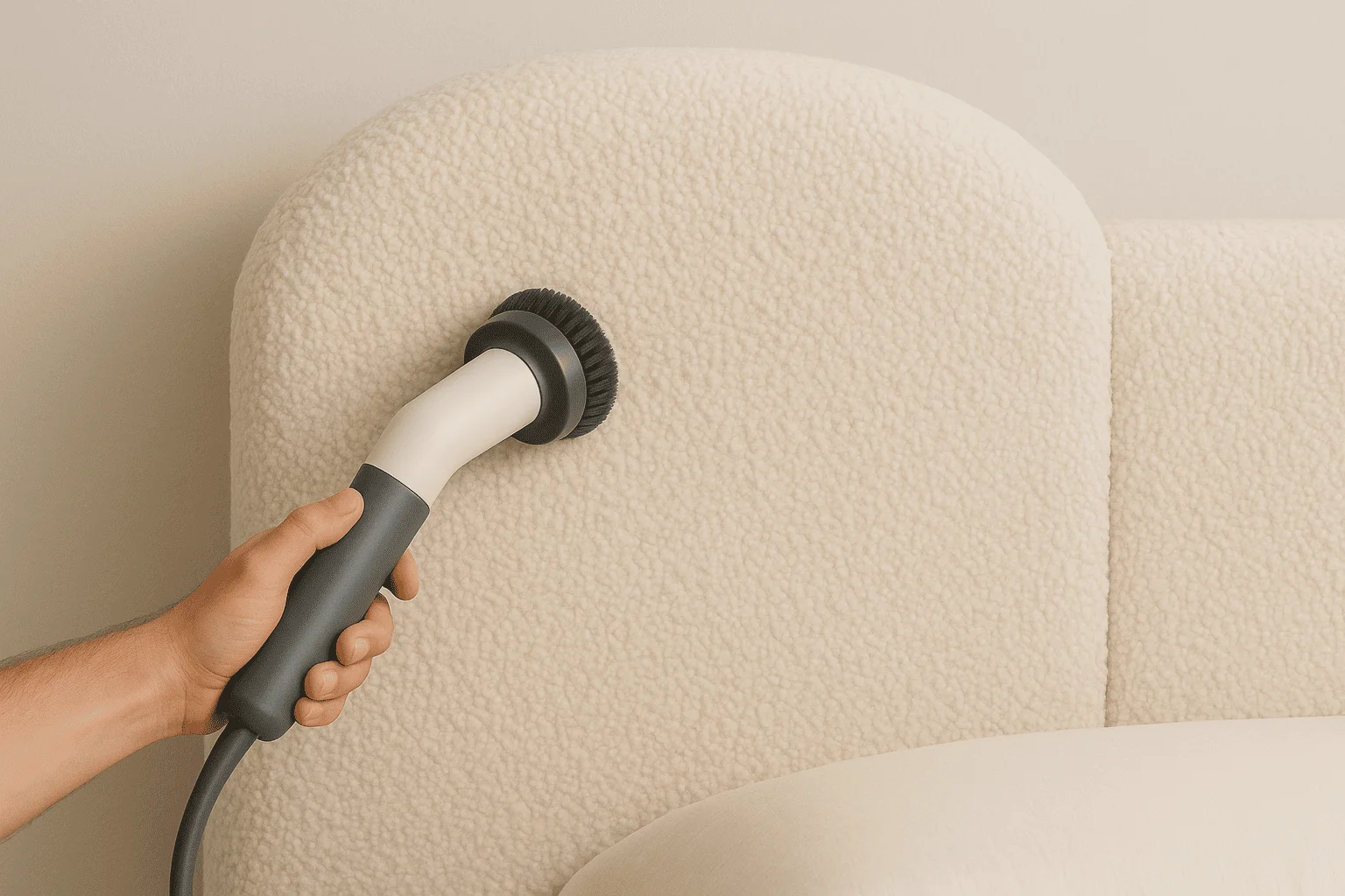 A real-life photo of a cream bouclé sofa being gently vacuumed with a soft upholstery brush attachment in a bright living room