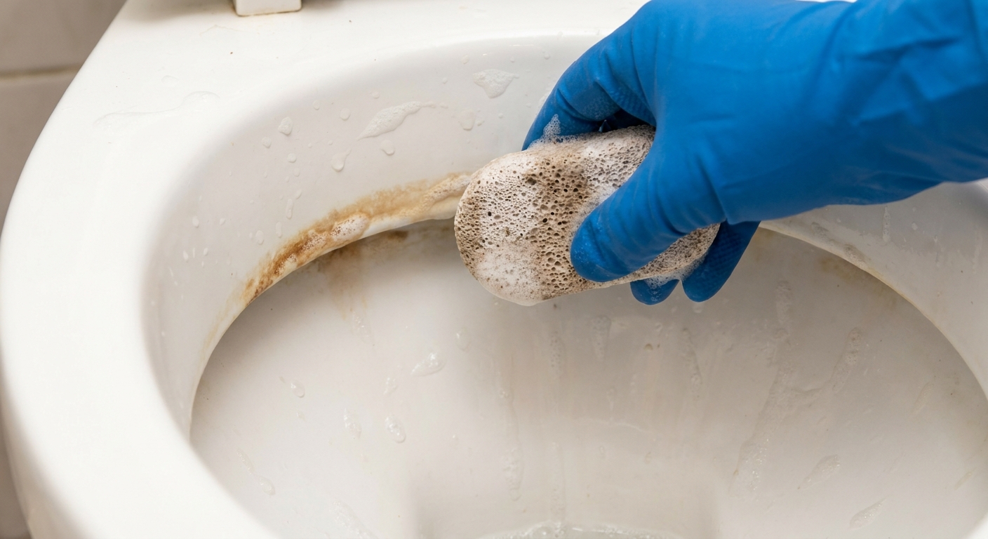 A real-life photo of a gloved hand using a soaked pumice stone to gently scrub a mineral ring inside a wet porcelain toilet bowl