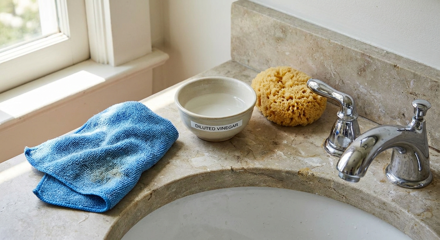 A real-life photo of a microfiber cloth, a small bowl of diluted vinegar, and a soft sponge arranged beside a chrome sink faucet on a bathroom counter