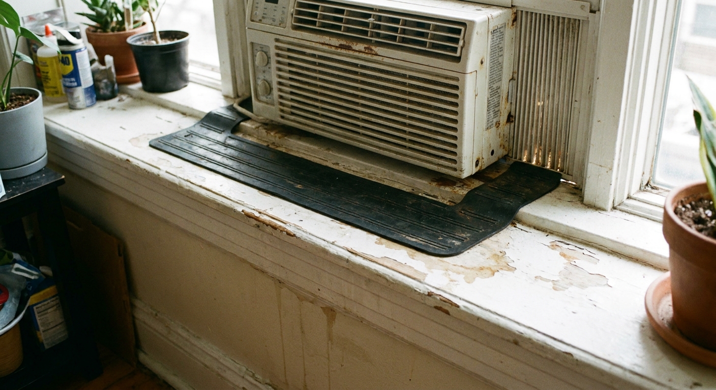 A real-life photo of a painted wooden window sill with a protective rubber liner underneath a window AC unit, interior close-up