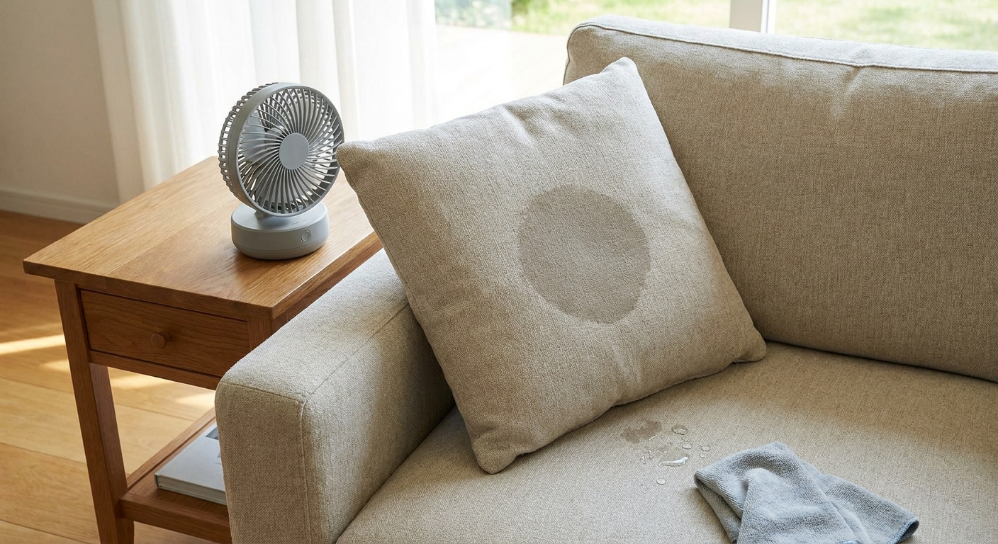A real-life photo of a small portable fan aimed at a light-colored couch cushion that has been spot cleaned, with the cushion propped slightly upright to improve airflow
