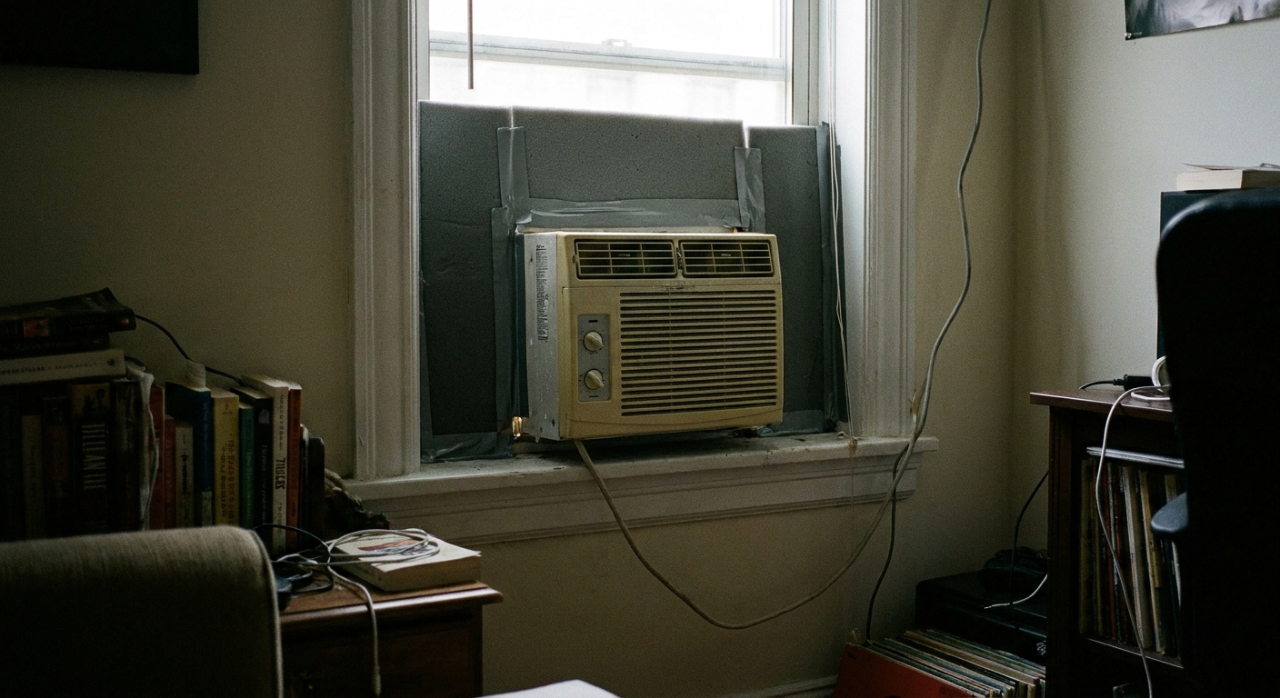 A real-life photo of a window air conditioner installed in an apartment window with foam sealing along the sides and top, daylight blocked, interior view