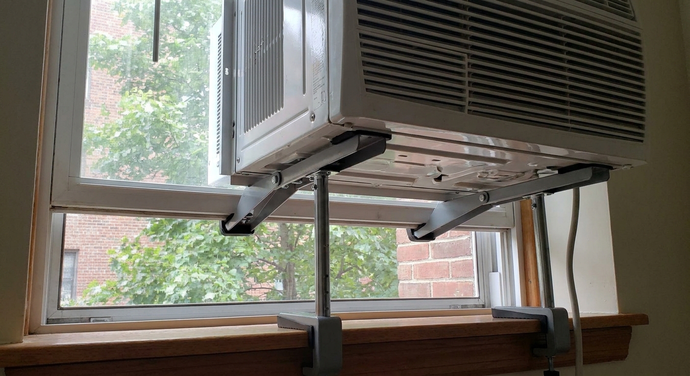 A real-life photo of an adjustable no-drill support bracket holding a window air conditioner from below, viewed from indoors with the bracket arms visible