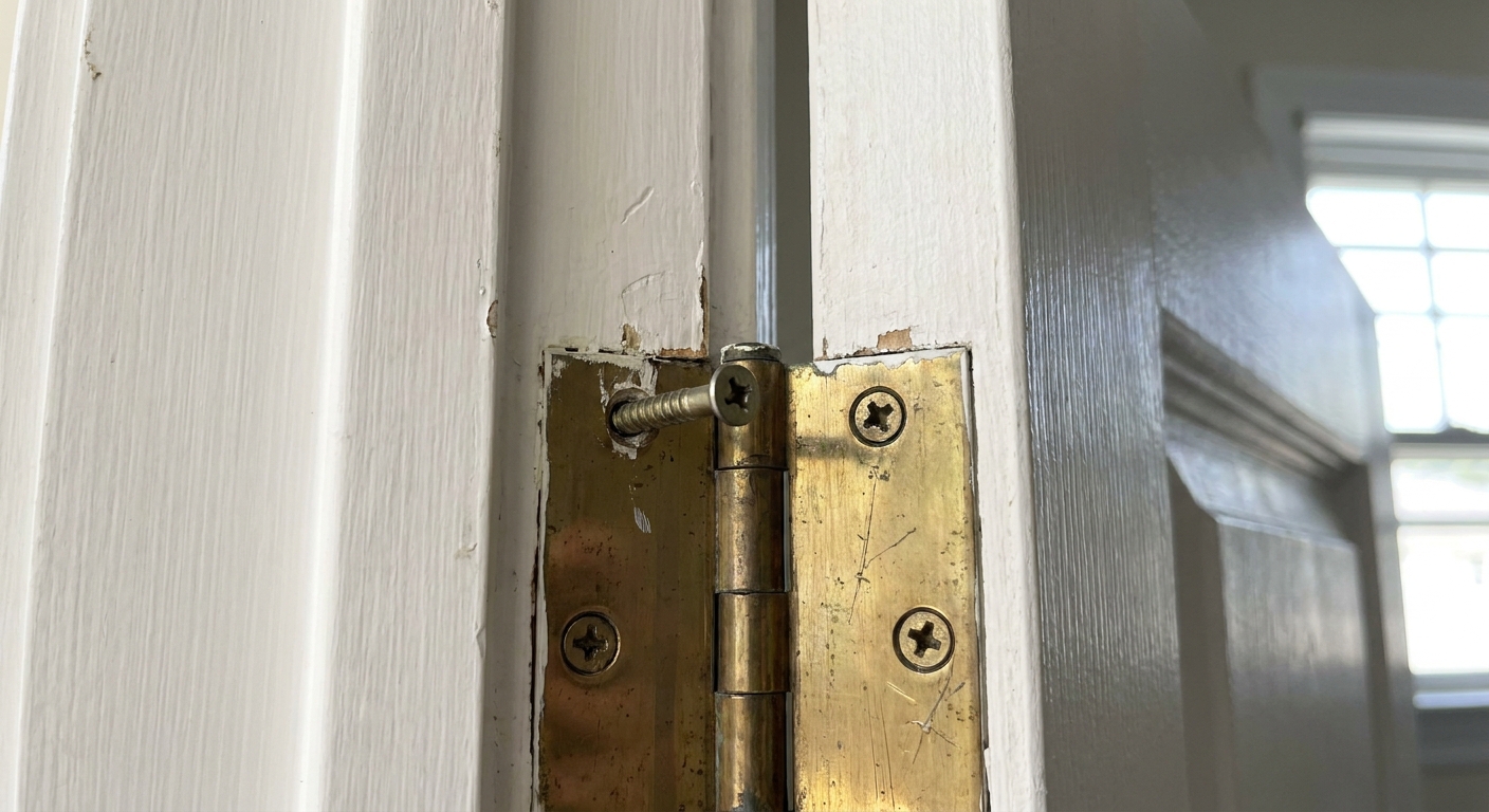 A real-life photo of an interior door top hinge with one longer screw installed, showing the screw head seated in the hinge plate on a white door frame