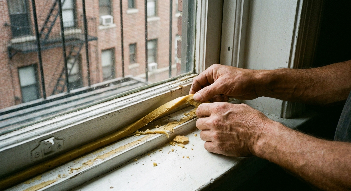A real-life photo of hands gently peeling foam weatherstripping from an apartment window frame after removing a window air conditioner