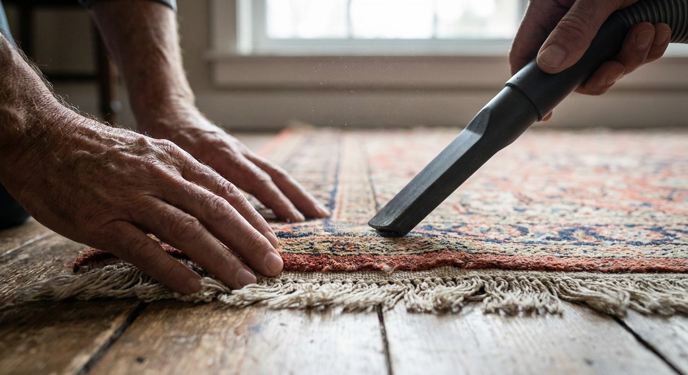 A real-life photo of hands holding down the edge of a vintage-style rug while a suction-only vacuum attachment cleans near the fringe without pulling it
