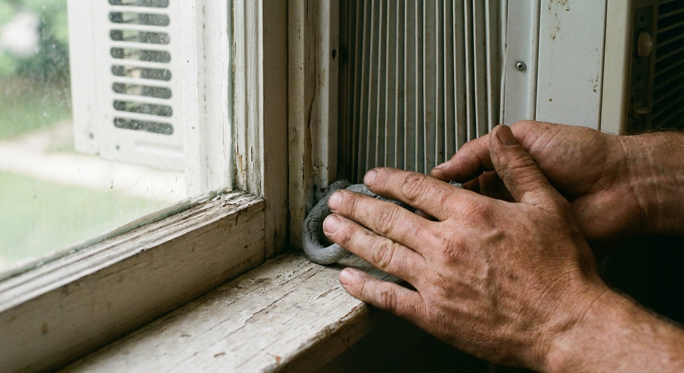 A real-life photo of hands pressing rope caulk into a narrow gap beside a window AC side panel to block airflow, close-up detail