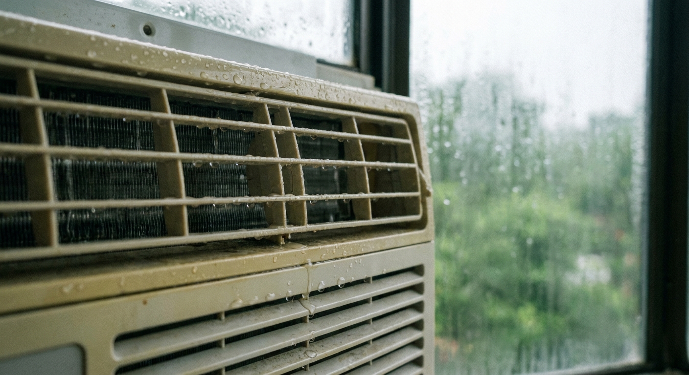 A real-life photo of light condensation droplets forming on the interior grille of a window air conditioner during humid weather