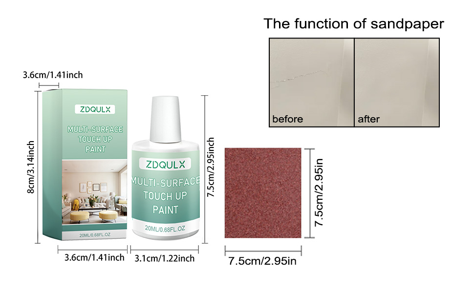 A real-life photo of touch-up supplies laid on a wooden table: fine sandpaper sheets, a small angled brush, a white primer can, a putty knife, and a clean microfiber cloth