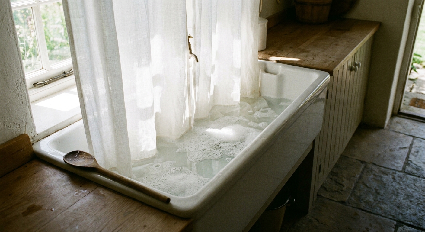 A real-life photo of white linen curtains soaking in a large white laundry tub with clear water and a wooden spoon nearby, soft natural window light