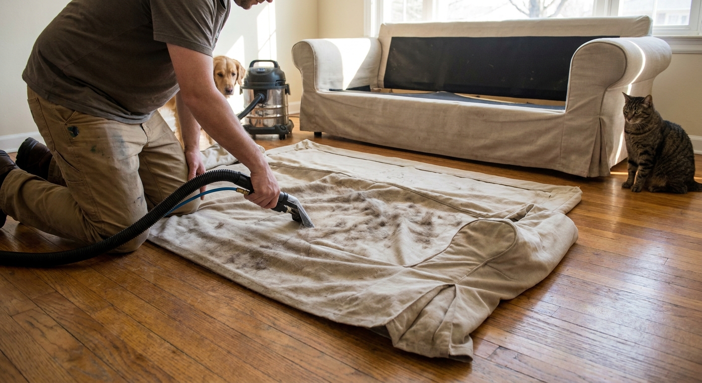 A real-life photograph of a person vacuuming pet hair from a removed IKEA EKTORP slipcover laid flat on a hardwood floor near a sofa