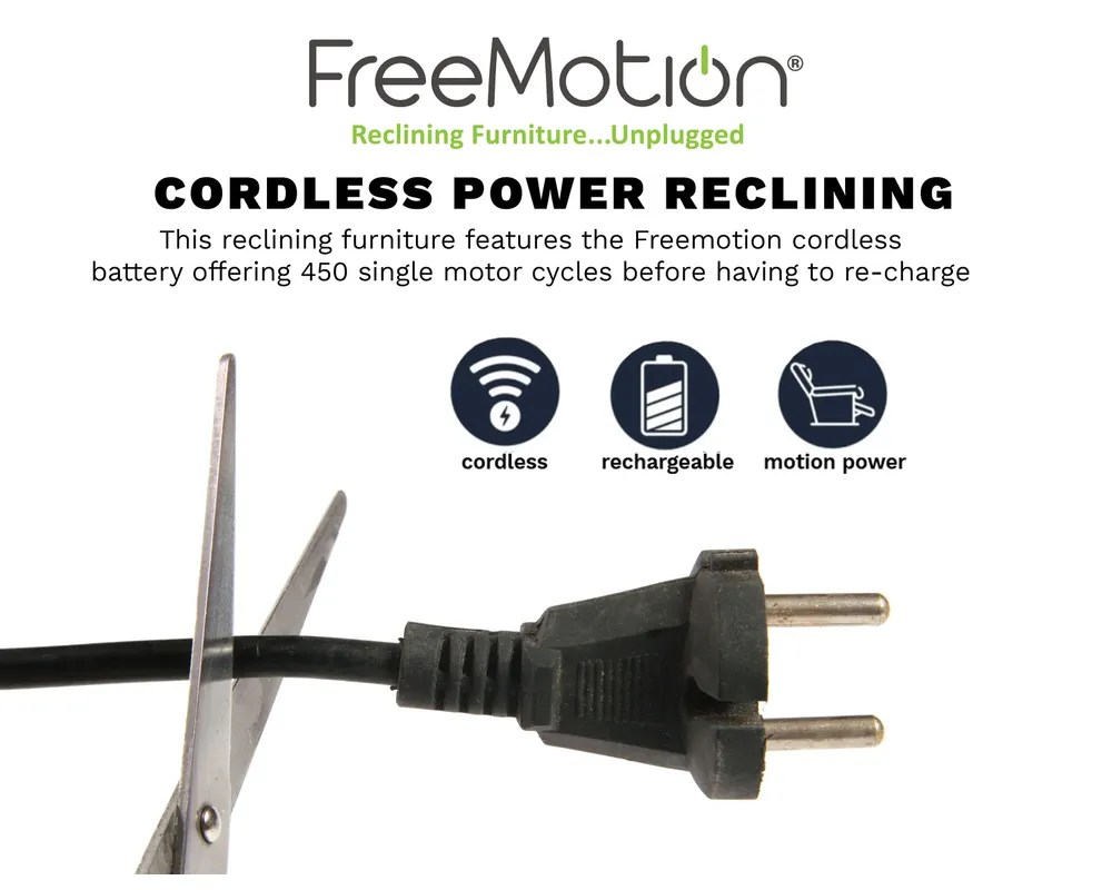 A real-life photograph of a power recliner power cord unplugged from a wall outlet beside a recliner on hardwood flooring, with the chair slightly pulled away from the wall