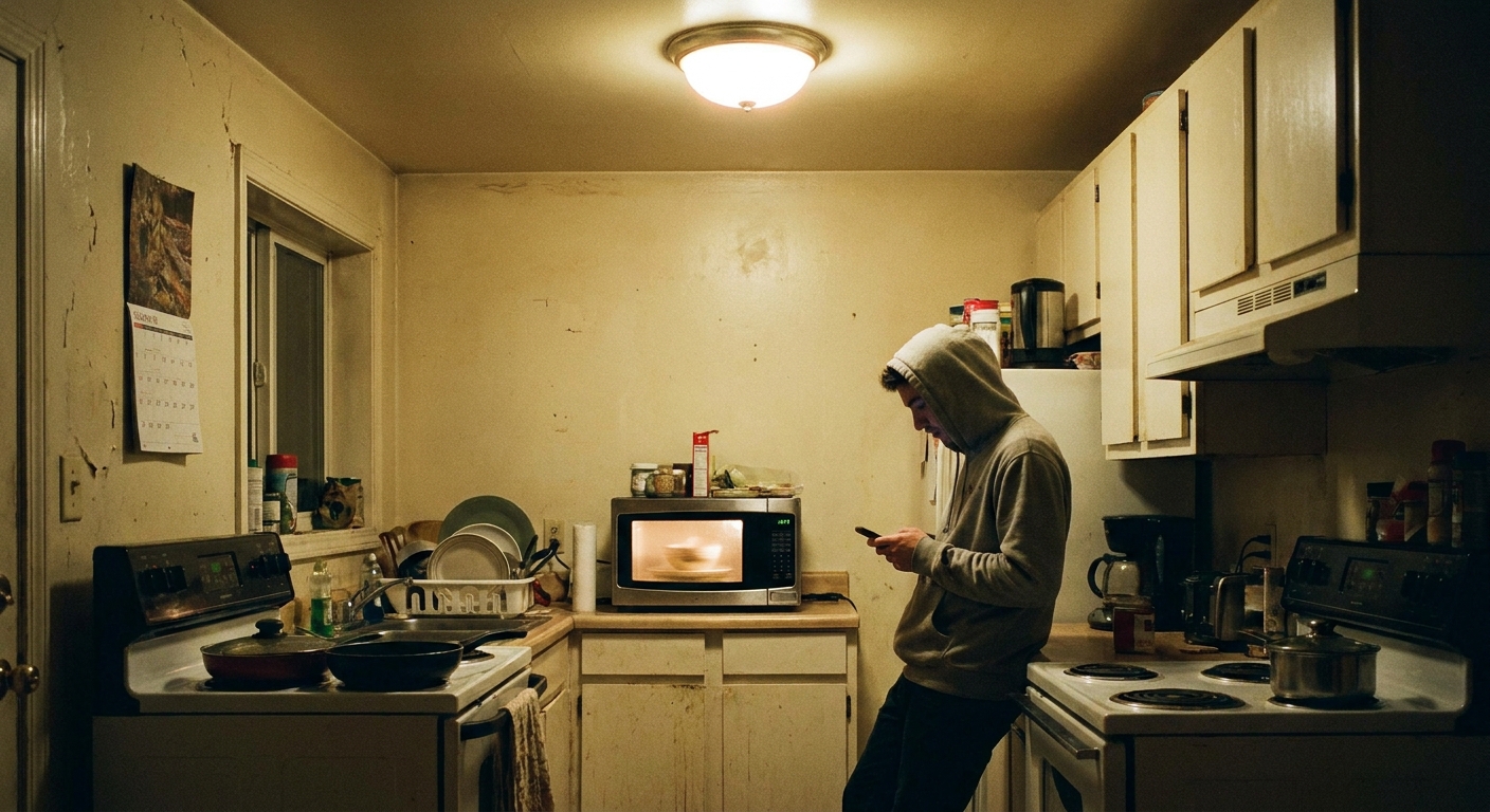 A real-life rental kitchen with a simple ceiling light glowing while a microwave runs on the counter, warm indoor lighting, candid photo