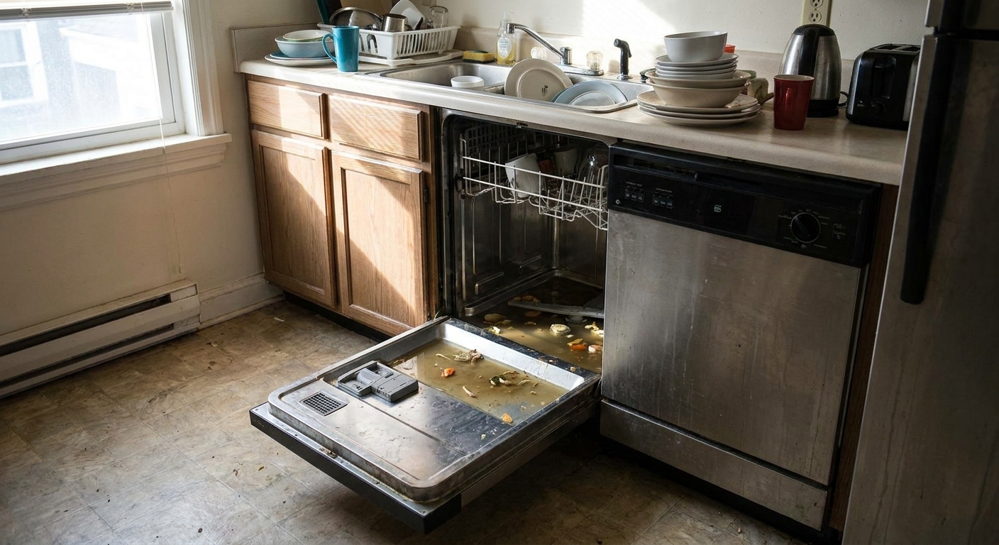 A real-life rental kitchen with the dishwasher door open, showing standing water pooled in the bottom of the tub, natural indoor light, documentary photo style