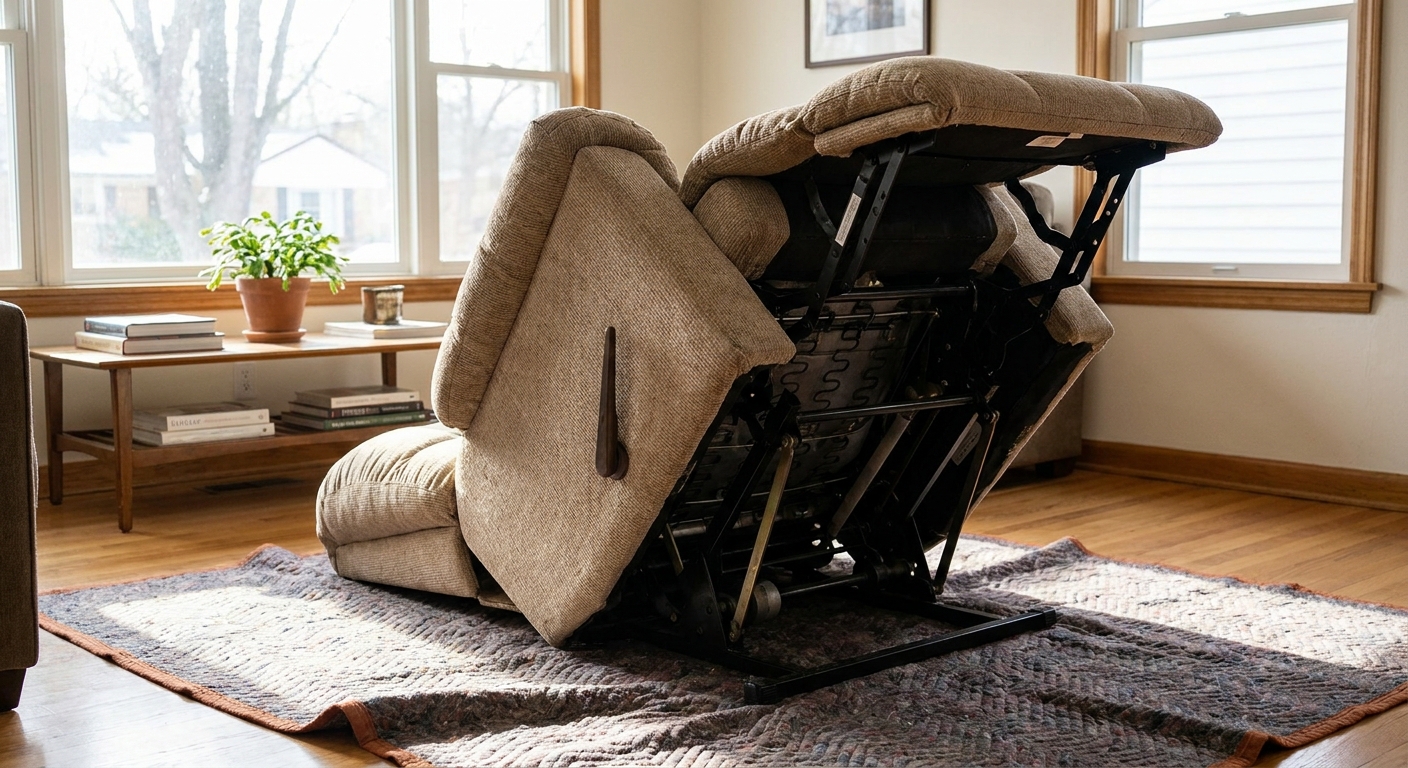 A real living room scene with a recliner gently tipped forward on a protective blanket, showing the underside metal mechanism and linkage arms for inspection, natural window light