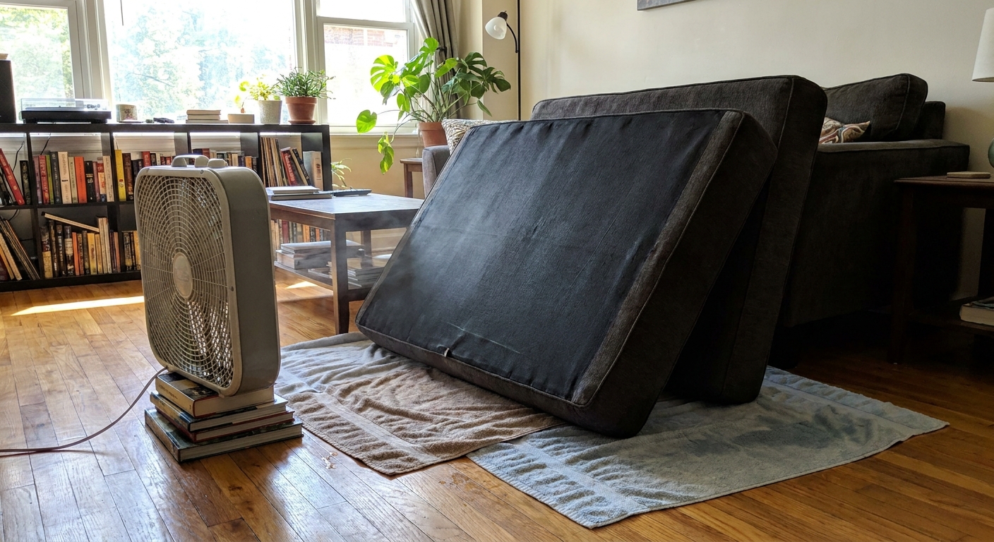 A real living room scene with sofa seat cushions stood on edge to dry while a box fan blows across them, towels on the floor catching drips, natural daylight coming through a window