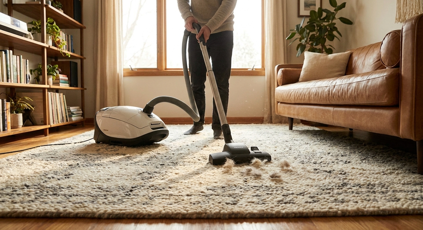 A real living room with a new wool area rug while a canister vacuum is being used on it, small tufts of fiber visible near the vacuum head, warm natural light