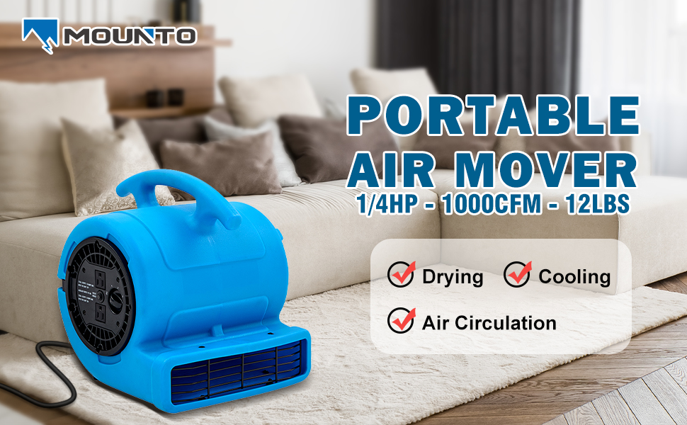 A real living room with a sofa pulled away from the wall, seat cushions removed and standing upright, and a box fan aimed across the cushions to dry them