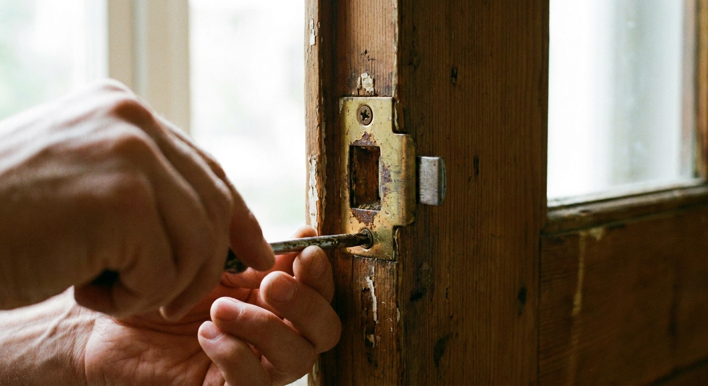 A real photo close-up of a door edge with a latch and a strike plate on the frame while a person loosens the strike plate screws with a screwdriver