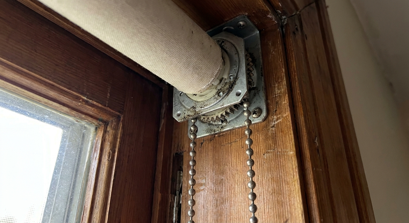 A real photo close-up of a roller shade clutch mechanism with a beaded chain hanging beside a window frame
