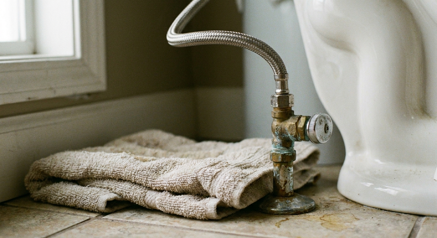A real photo close-up of a toilet shutoff valve with a braided stainless steel supply line and a folded towel on the floor beneath