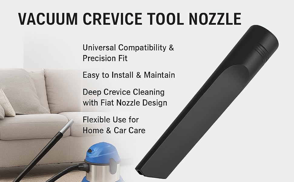 A real photo close-up of a vacuum crevice tool cleaning deep between two dark fabric sofa cushions, showing textured upholstery and a realistic home setting