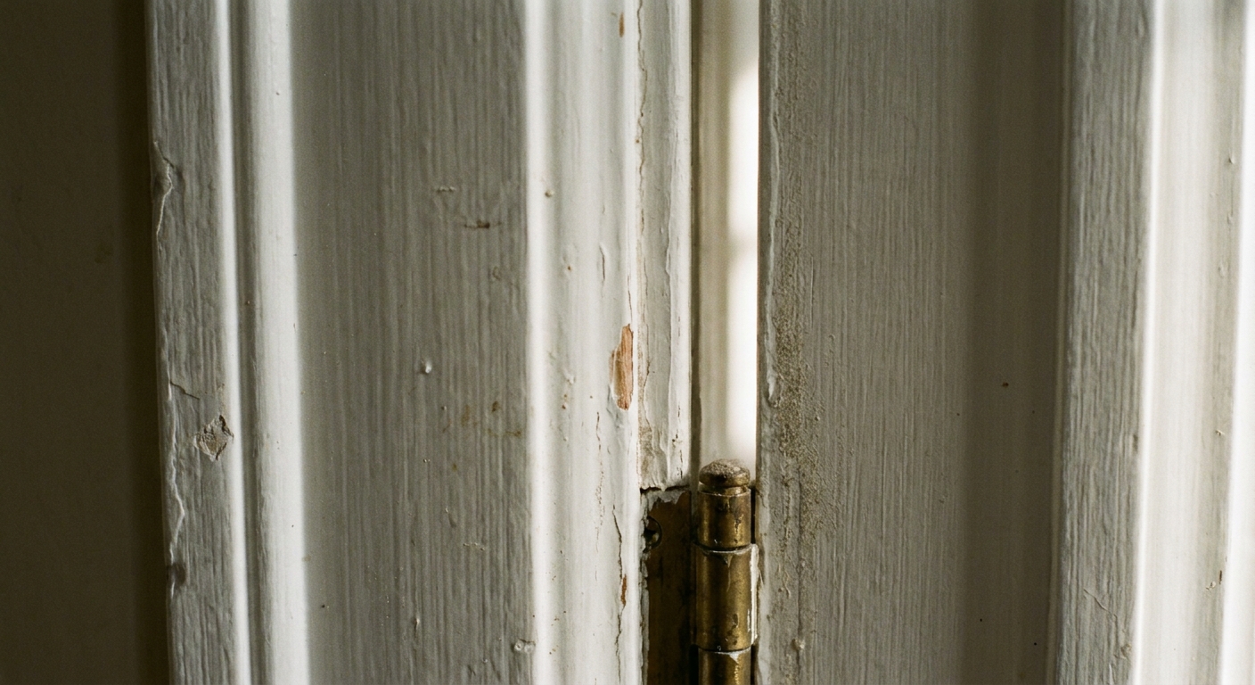 A real photo close-up of an interior door frame showing the door stop molding and the narrow gap where the door meets the stop in soft natural light