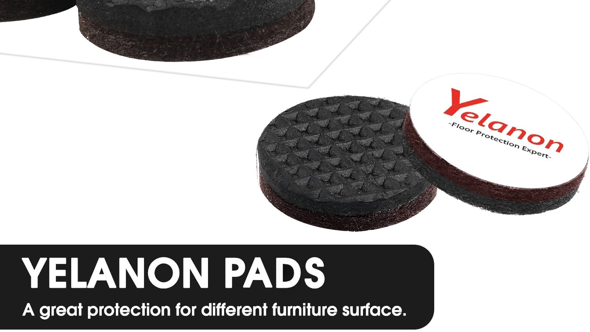 A real photo close-up of thick rubber furniture pads placed under two sofa feet on a hardwood floor, warm indoor lighting