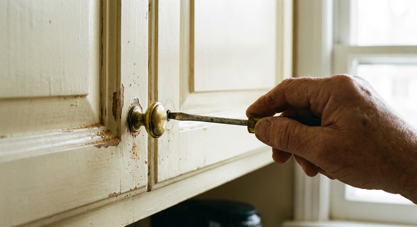 A real photo closeup of a hand using a screwdriver to remove a brass cabinet knob from a painted kitchen cabinet door