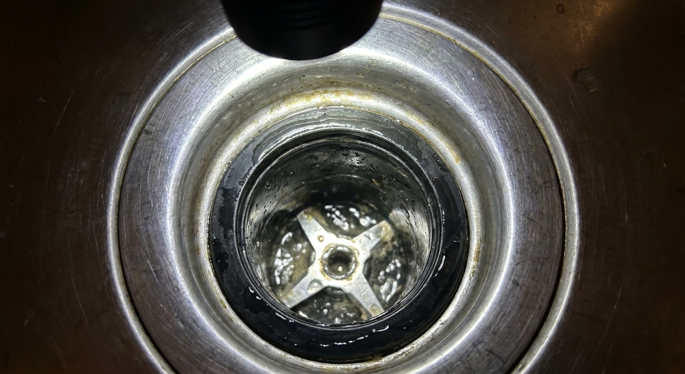 A real photo looking down into a stainless steel kitchen sink drain with a garbage disposal opening, illuminated by a flashlight beam