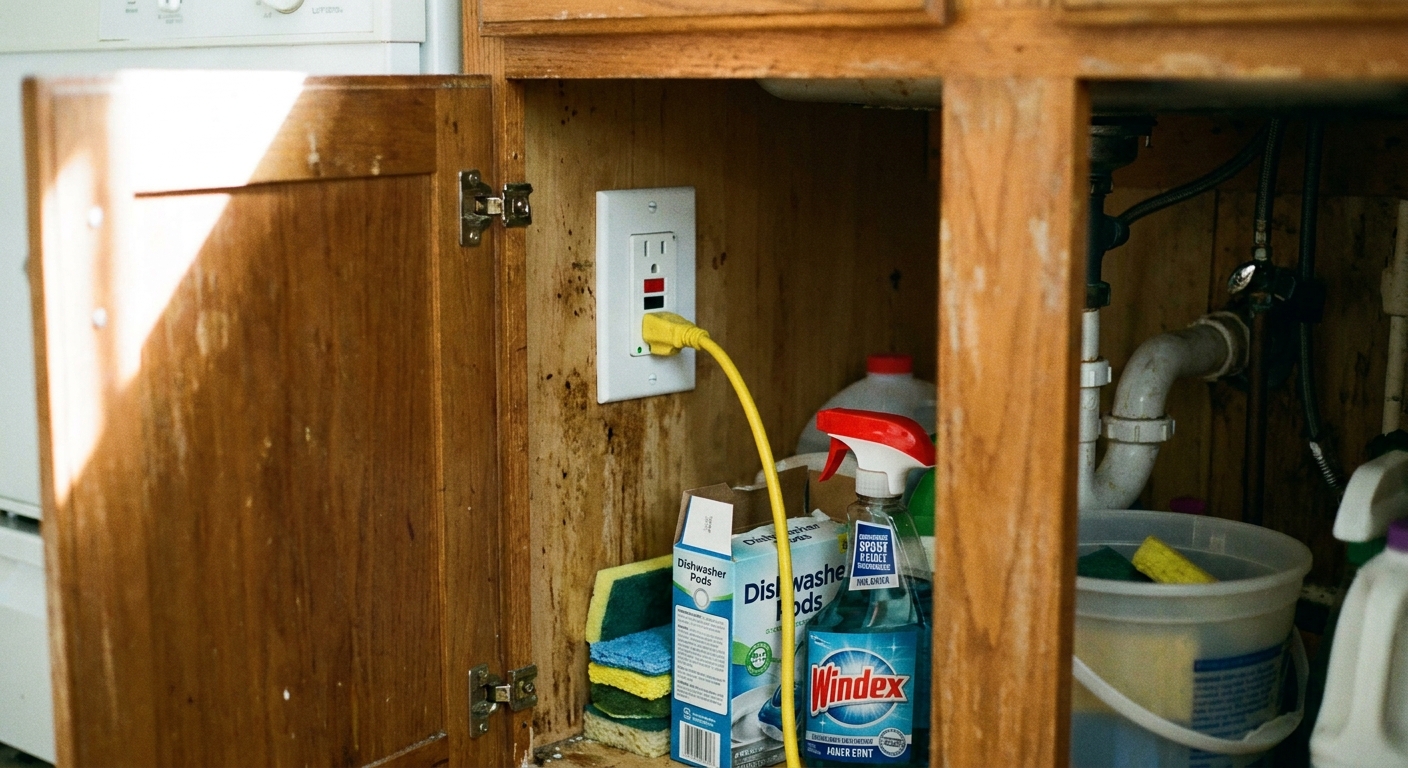 A real photo of a GFCI electrical outlet mounted inside a kitchen sink cabinet near cleaning supplies, with the test and reset buttons visible