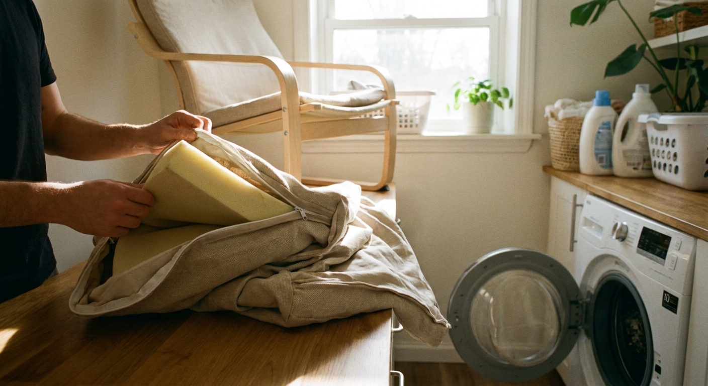 A real photo of a POÄNG chair cushion cover being unzipped and turned inside out next to a washing machine in a bright laundry area