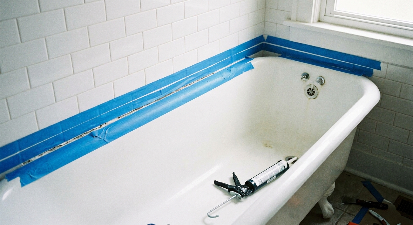 A real photo of a bathtub edge with blue painter's tape applied in straight lines along the tub-to-tile seam, ready for fresh caulk