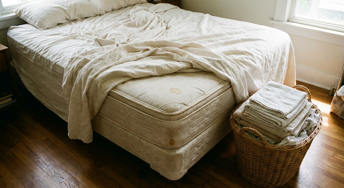 A real photo of a bed with sheets pulled back to reveal a small stain on the mattress while folded linens sit in a laundry basket nearby