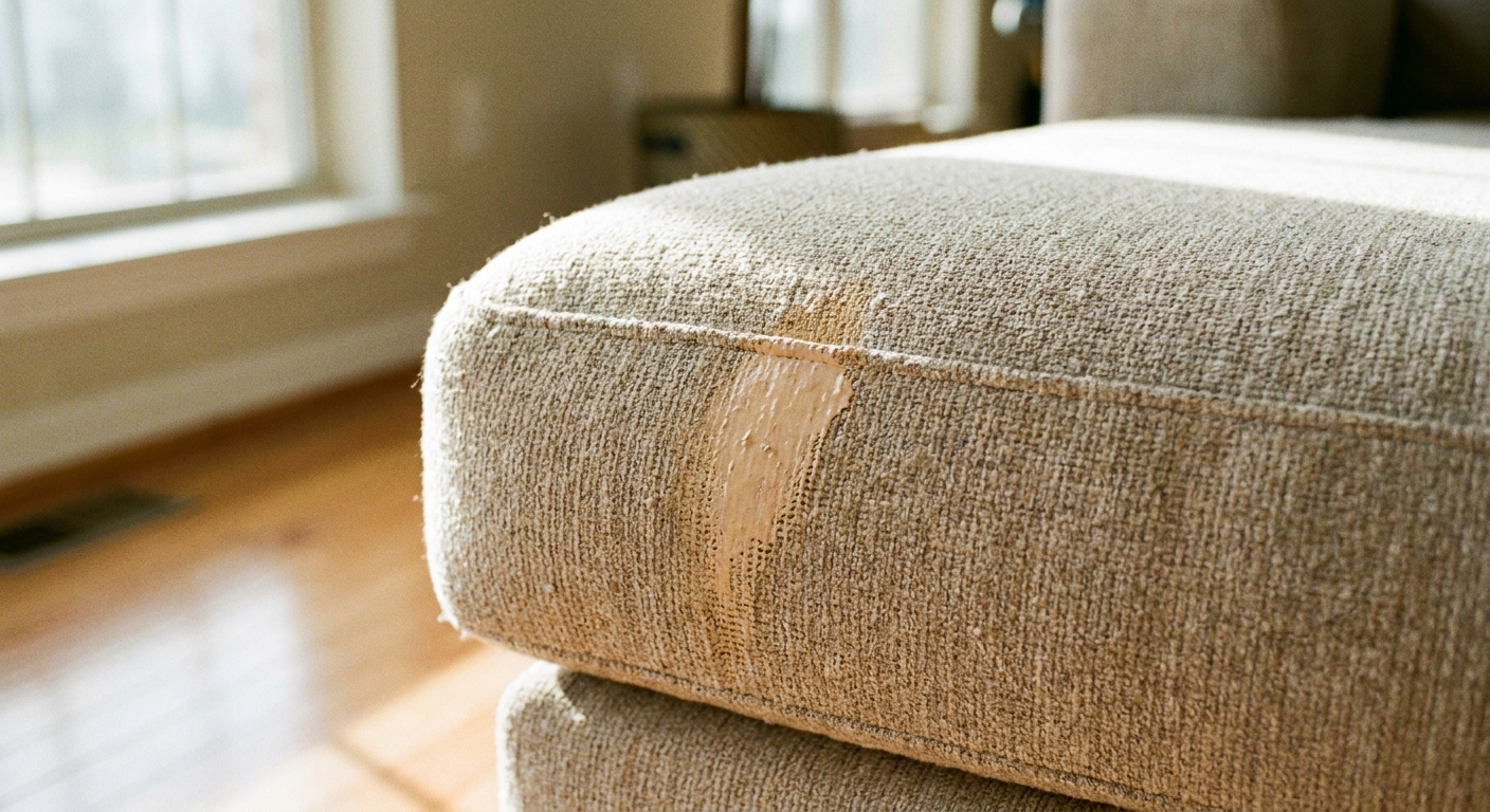 A real photo of a beige couch cushion with a light tan foundation smear near the seam, photographed in natural window light