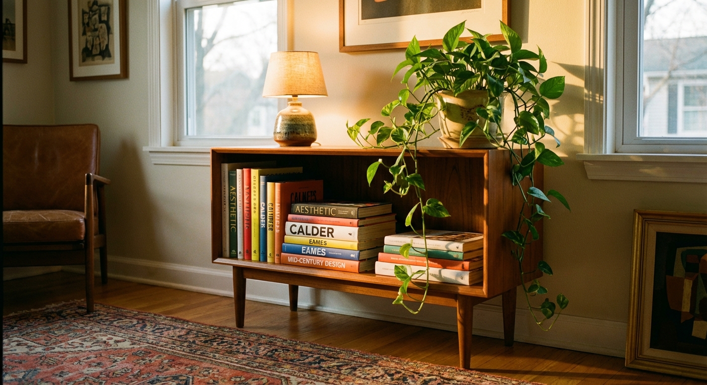 A real photo of a bookshelf on tapered legs styled with art books, a small ceramic lamp, and a trailing plant in warm evening light