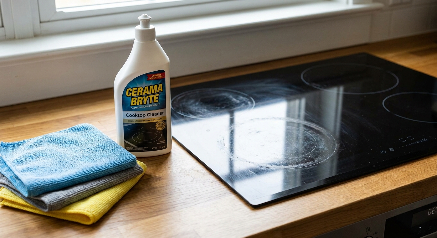 A real photo of a bottle of glass cooktop cream cleaner next to folded microfiber cloths on a kitchen counter beside a black glass cooktop