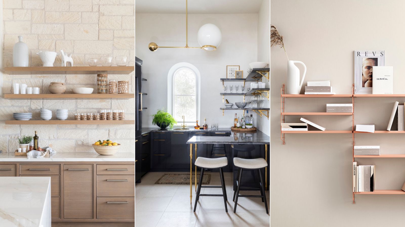 A real photo of a bright kitchen with two light wood floating shelves mounted on a white tile backsplash, holding neatly spaced ceramic dishes, clear glassware, and a small olive oil bottle with a linen towel nearby