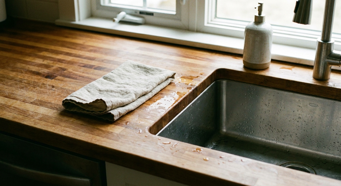 A real photo of a butcher block countertop next to a stainless steel sink with a few water droplets and a folded towel nearby
