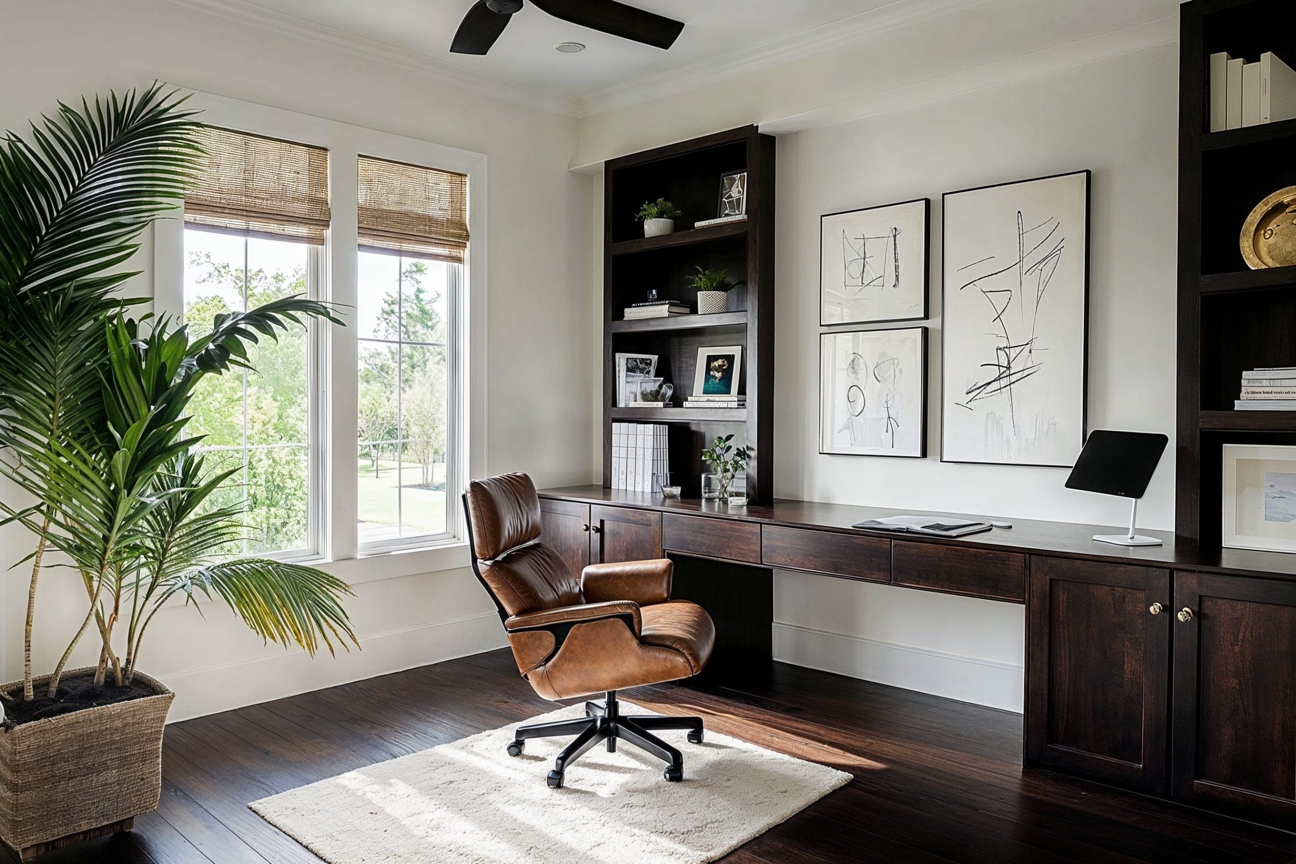 A real photo of a clean, minimalist home office with a fabric desk chair near a bright window, soft morning light, calm and tidy atmosphere
