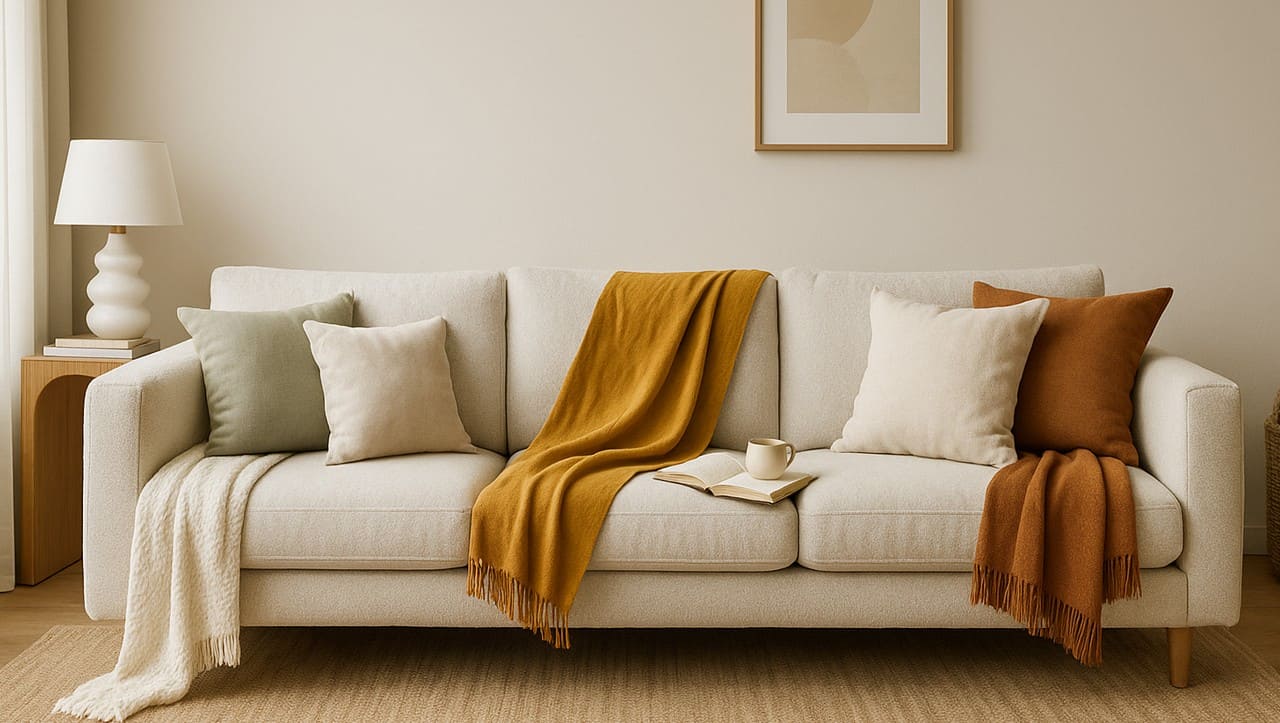 A real photo of a clean neutral-colored sofa with a simple linen throw draped over one arm in a mostly empty apartment living room