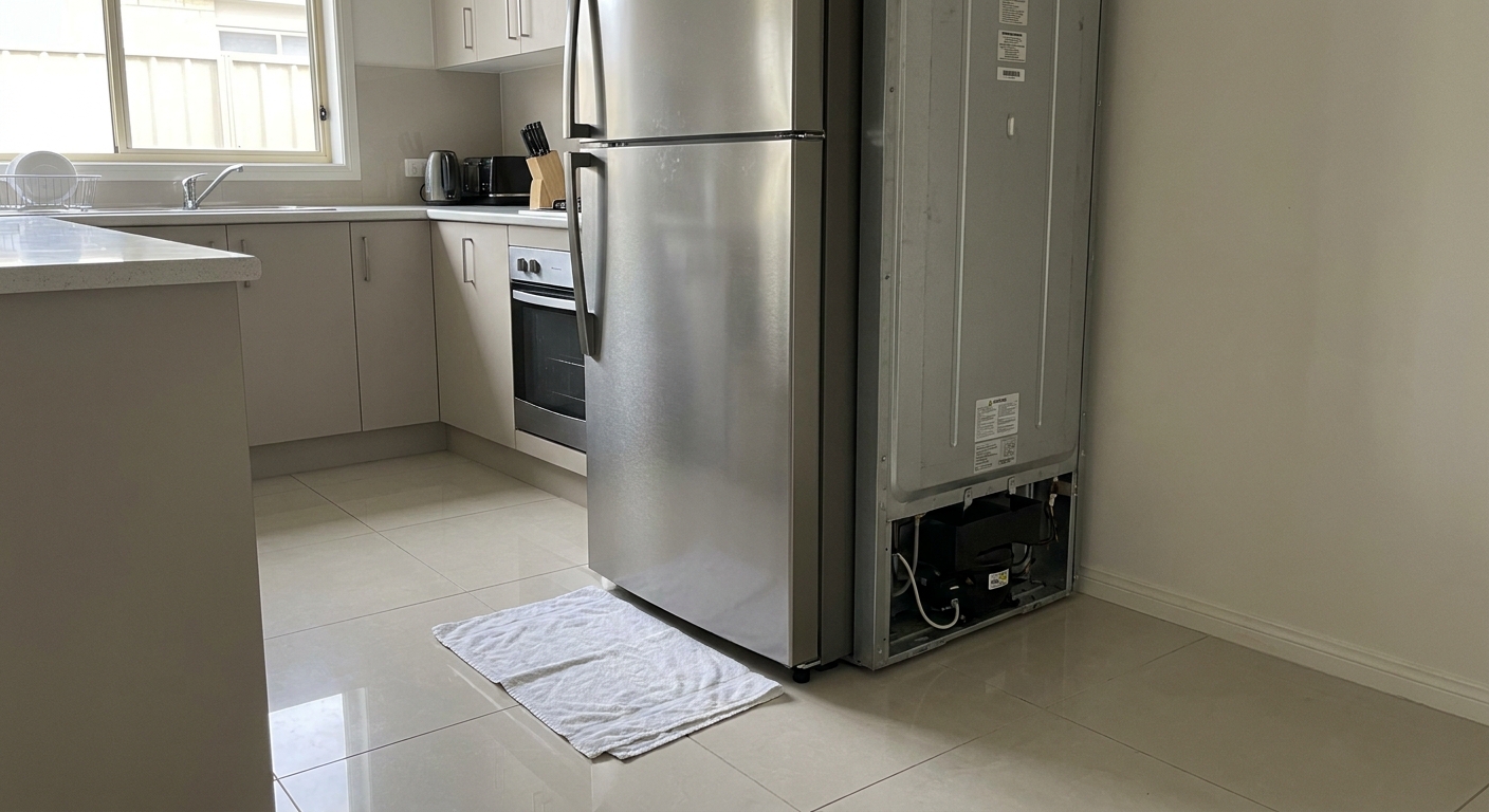A real photo of a clean rental kitchen with a refrigerator pulled slightly away from the wall and a folded towel on the floor, showing a tidy, freshly cleaned appliance area