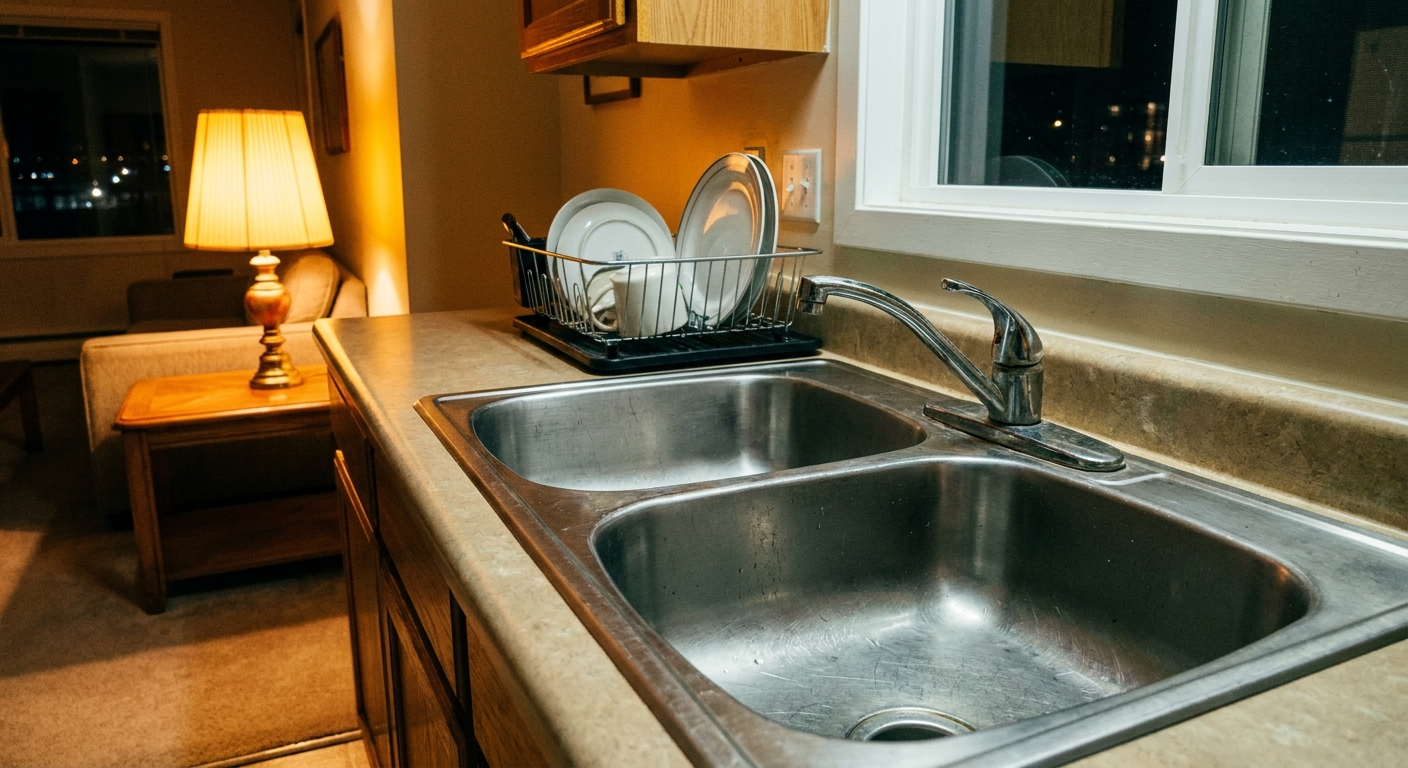 A real photo of a clean stainless steel kitchen sink in a rental apartment at night with the counter wiped dry and a warm amber lamp glowing in the background