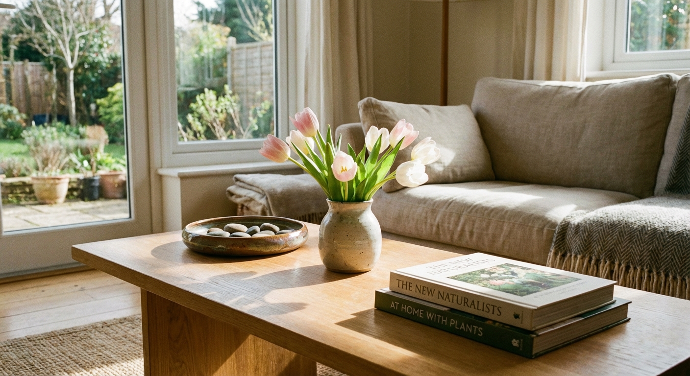 A real photo of a coffee table with a small vase of pale tulips, a ceramic dish, and two stacked books in a bright living room