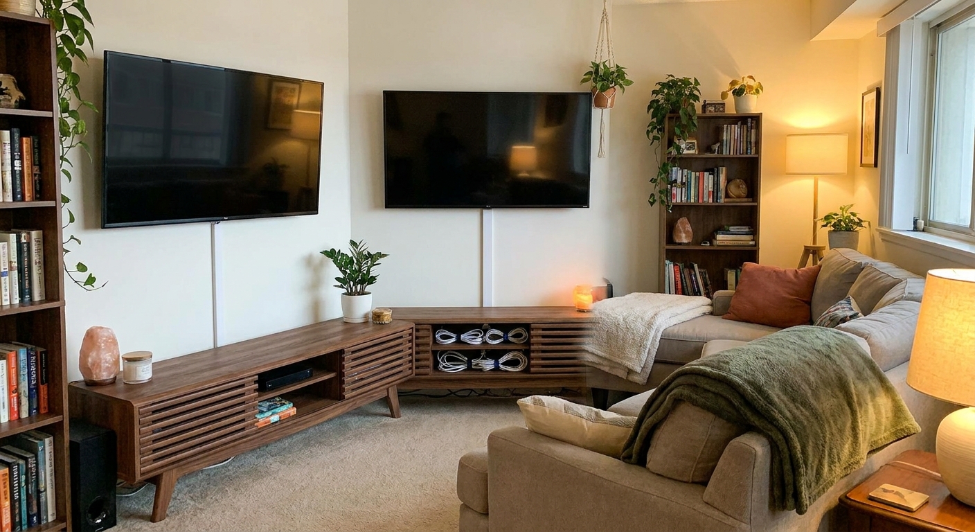 A real photo of a cozy apartment living room with a media console and a wall-mounted television, where cables are hidden neatly using a slim white wall raceway and tidy cord bundles behind the console