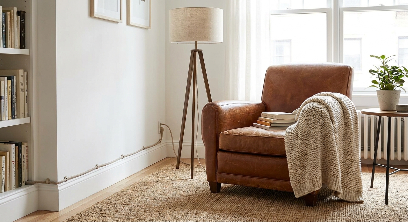 A real photo of a cozy apartment reading corner with an armchair and floor lamp, where the lamp cord is routed neatly along the baseboard toward the outlet with minimal visibility