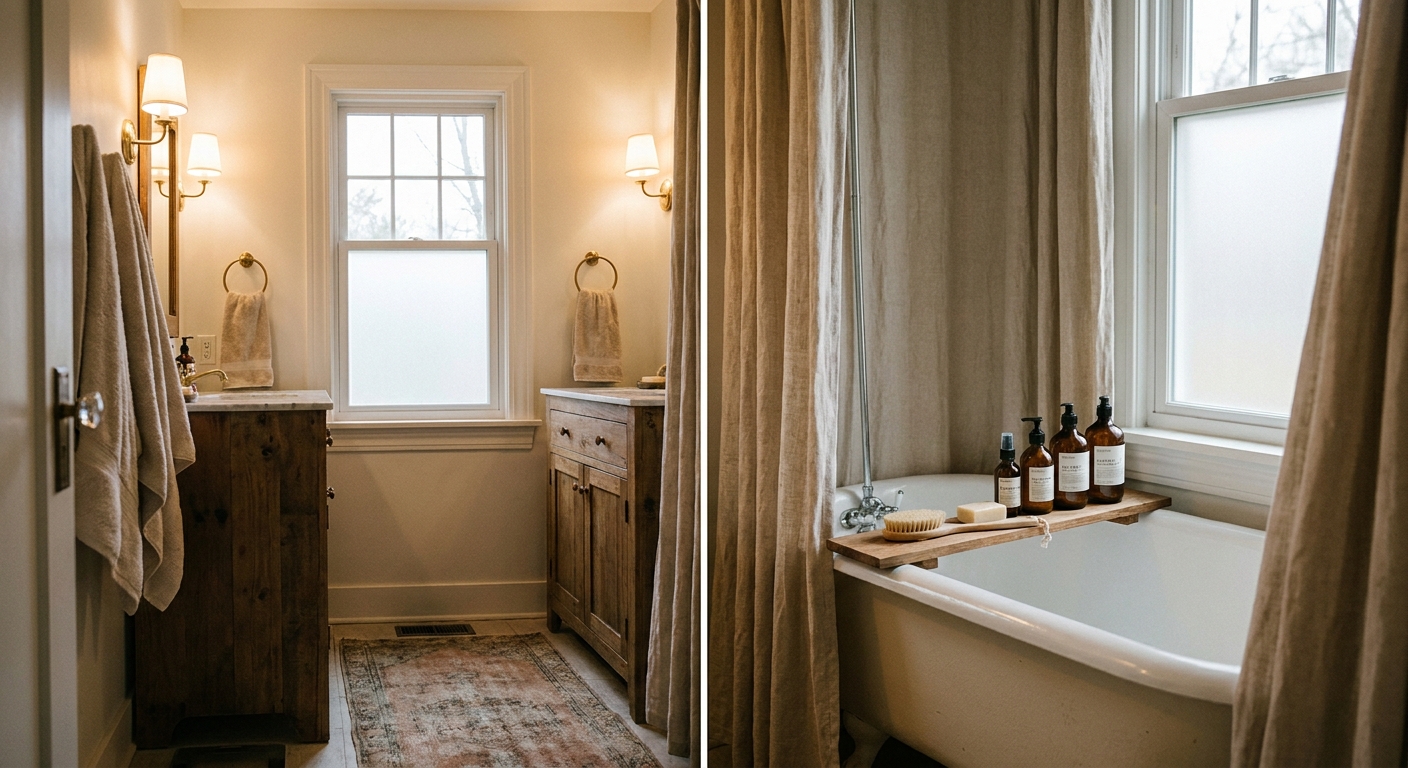 A real photo of a cozy bathroom with warm lighting, a neutral shower curtain, and tidy toiletries on the tub ledge
